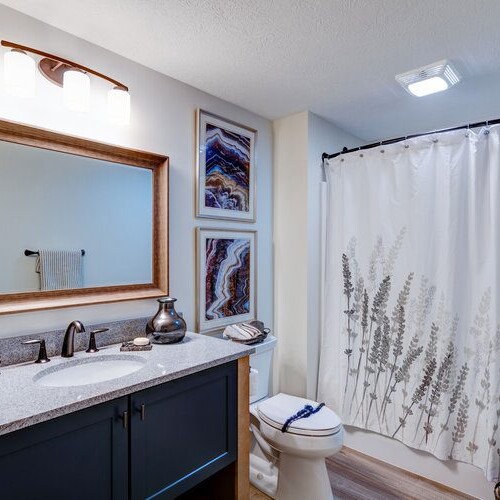 A bathroom with a sink and shower curtain.