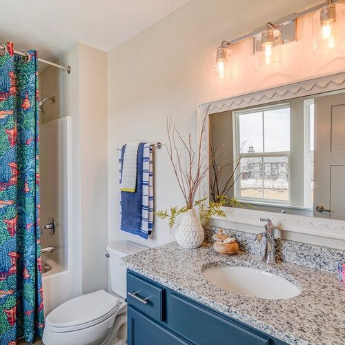 A bathroom with a colorful shower curtain.