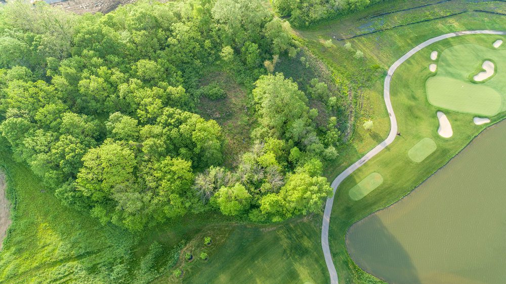 An aerial view of a golf course surrounded by trees, showcasing the beauty of nature and leisurely activities.