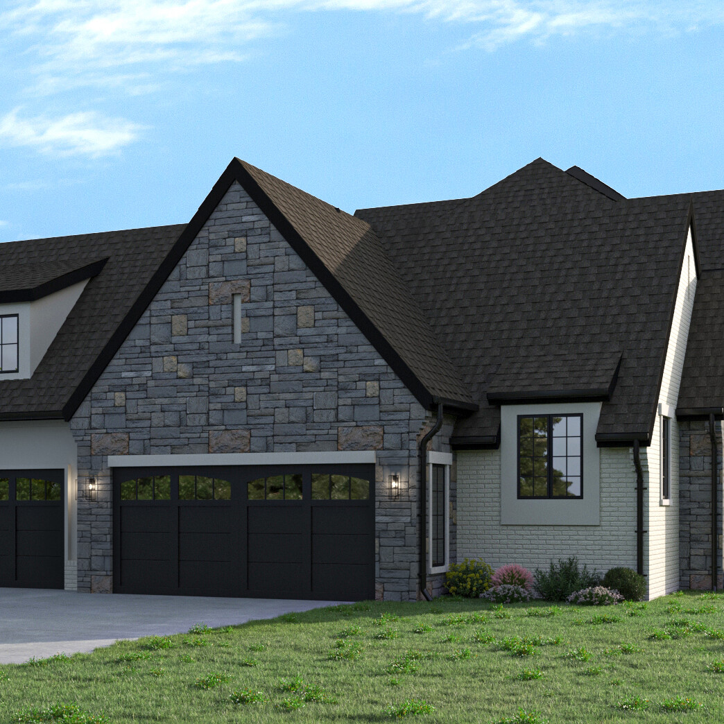 A luxury custom home builder in Carmel, Indiana renders a stunning home with two garages.