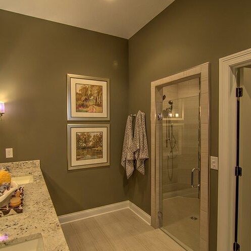 A custom home builder in Indianapolis, Indiana, offers new homes for sale in Carmel and Fishers Indiana with a bathroom featuring green walls and granite countertops.