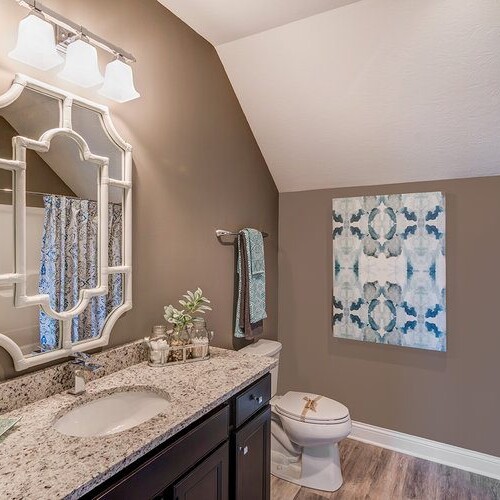 A bathroom with brown walls and a blue mirror in a luxury custom home.