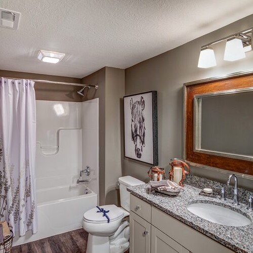 A bathroom with a sink, toilet and shower in Fishers Indiana Custom Homes.