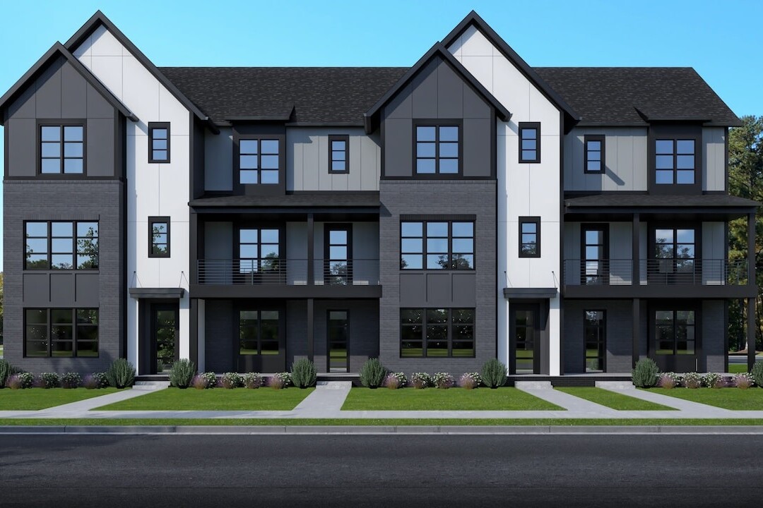 A rendering of a luxury three-story townhouse.