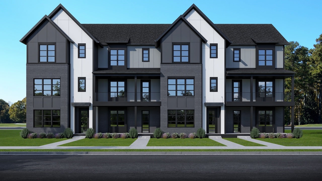 A rendering of a luxury three-story townhouse.