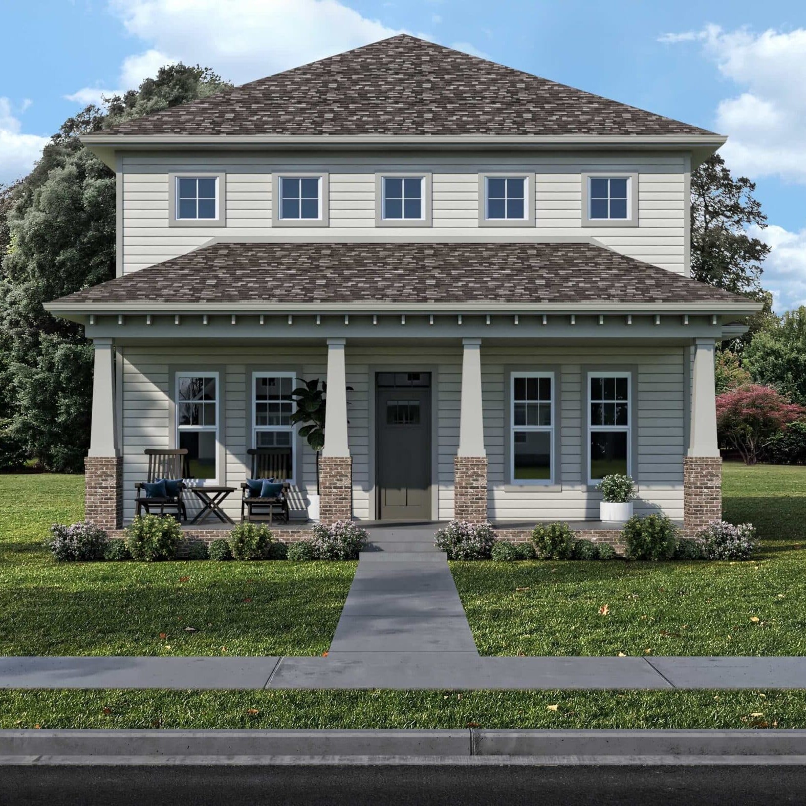 A rendering of a luxury custom home with a front porch in Fishers Indiana.