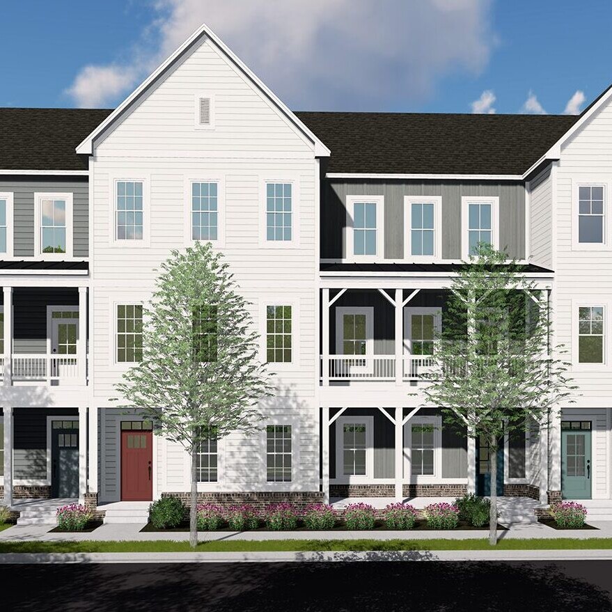 A rendering of a three - story townhouse.