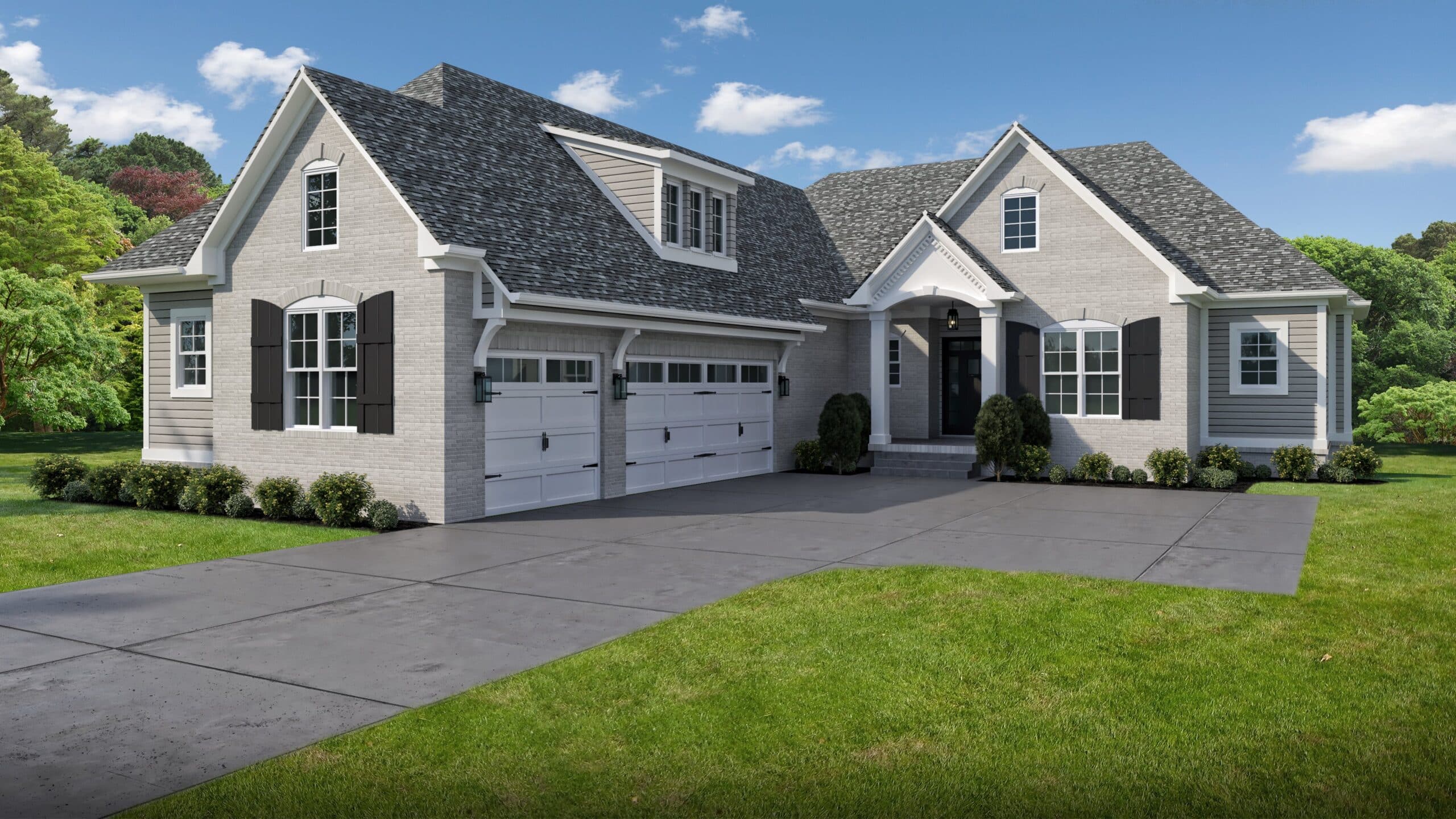 A rendering of a custom home with two garages and a driveway in Westfield, Indiana.