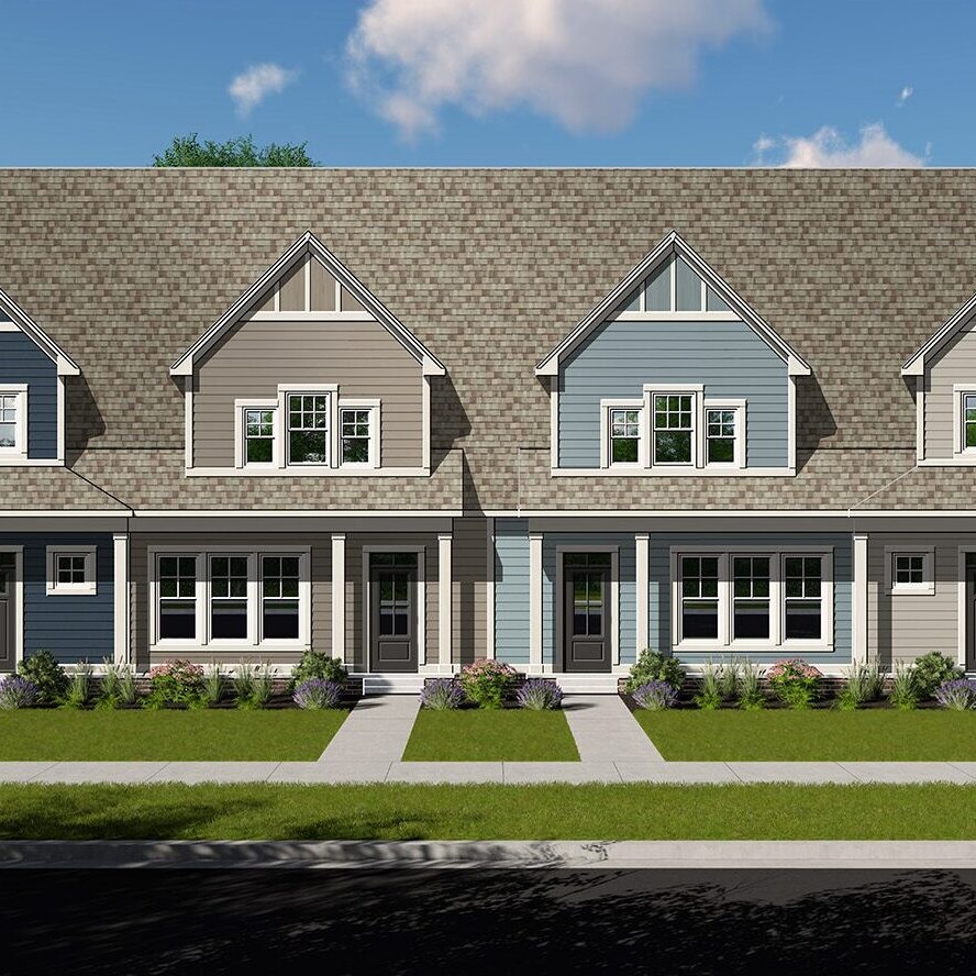 A rendering of a three - story townhouse.