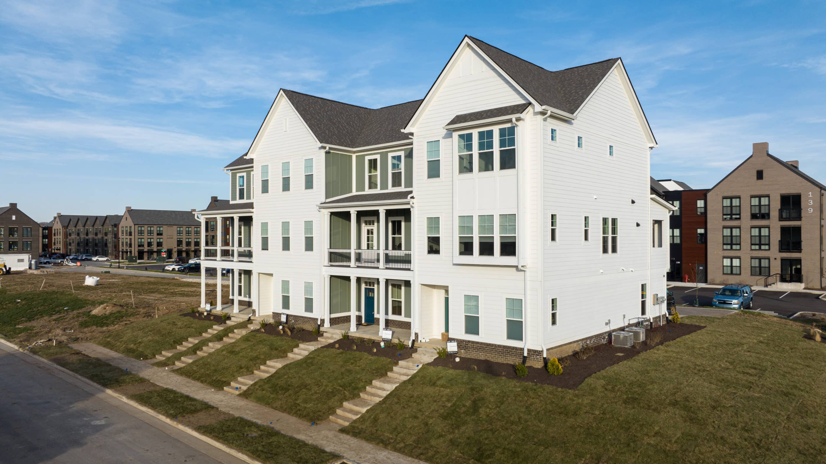 An aerial view of a luxury two story townhouse in Carmel Indiana.