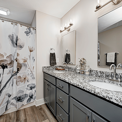 A bathroom with a shower curtain.