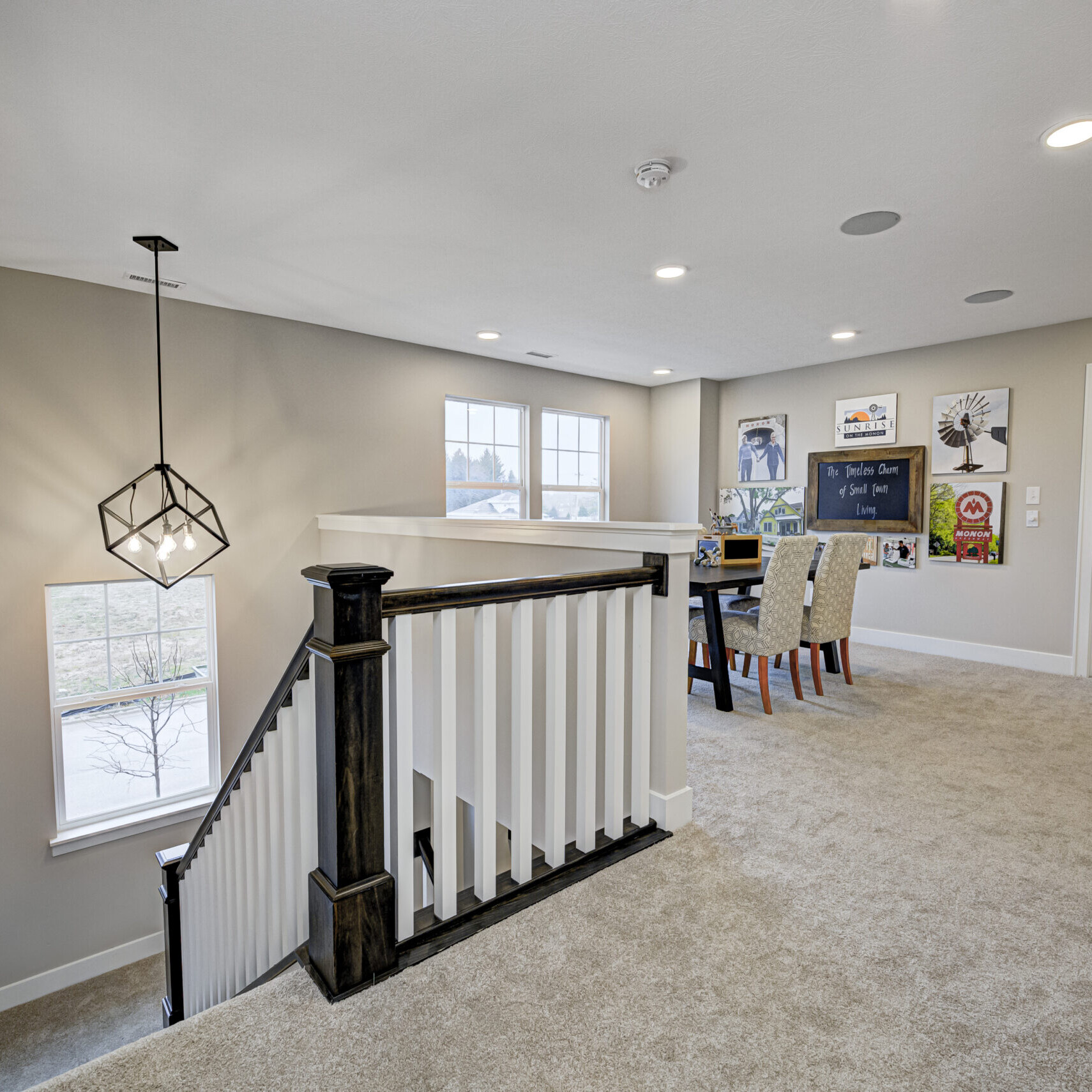         Description: A custom-built stairway leading to a dining room in a new home.