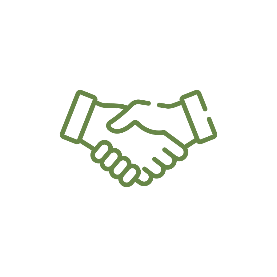 A handshake icon on a green background, representing the collaboration between Indianapolis Custom Homes and their clients.