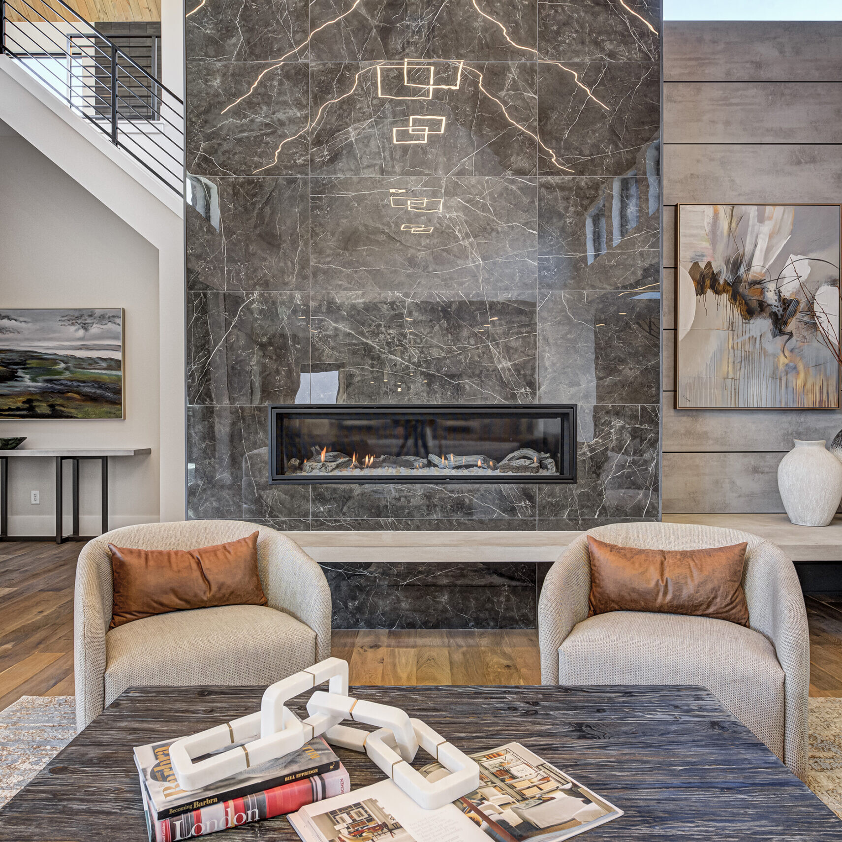 A modern living room with a fireplace.