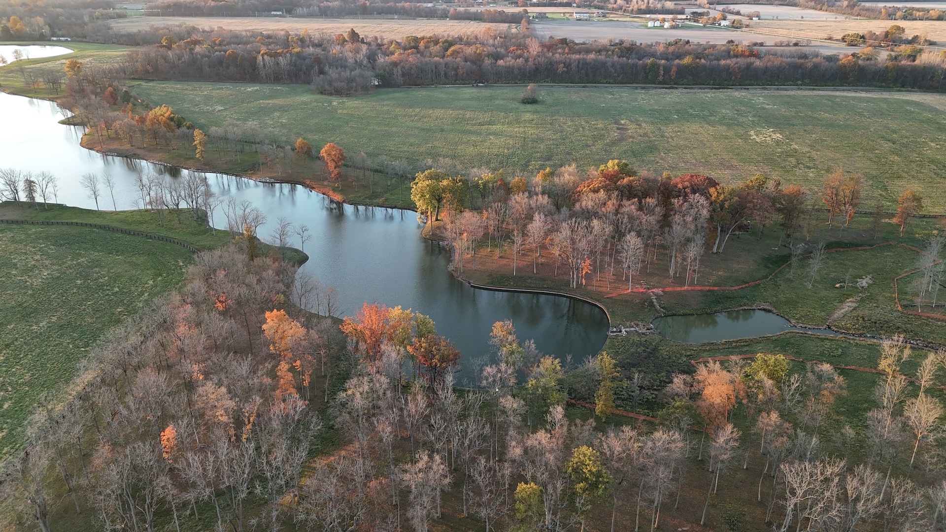 An aerial view of a pond surrounded by trees in Fishers, Indiana.