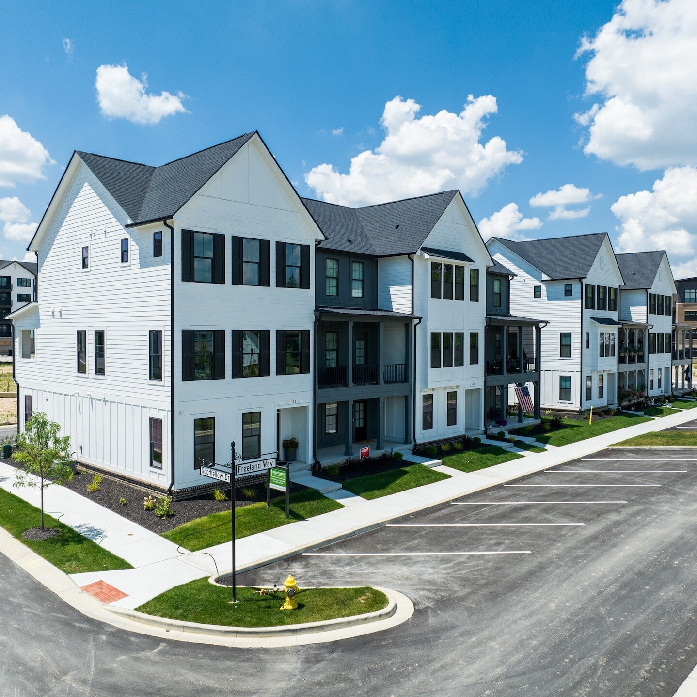 An aerial view of a row of apartment buildings in Carmel, Indiana.