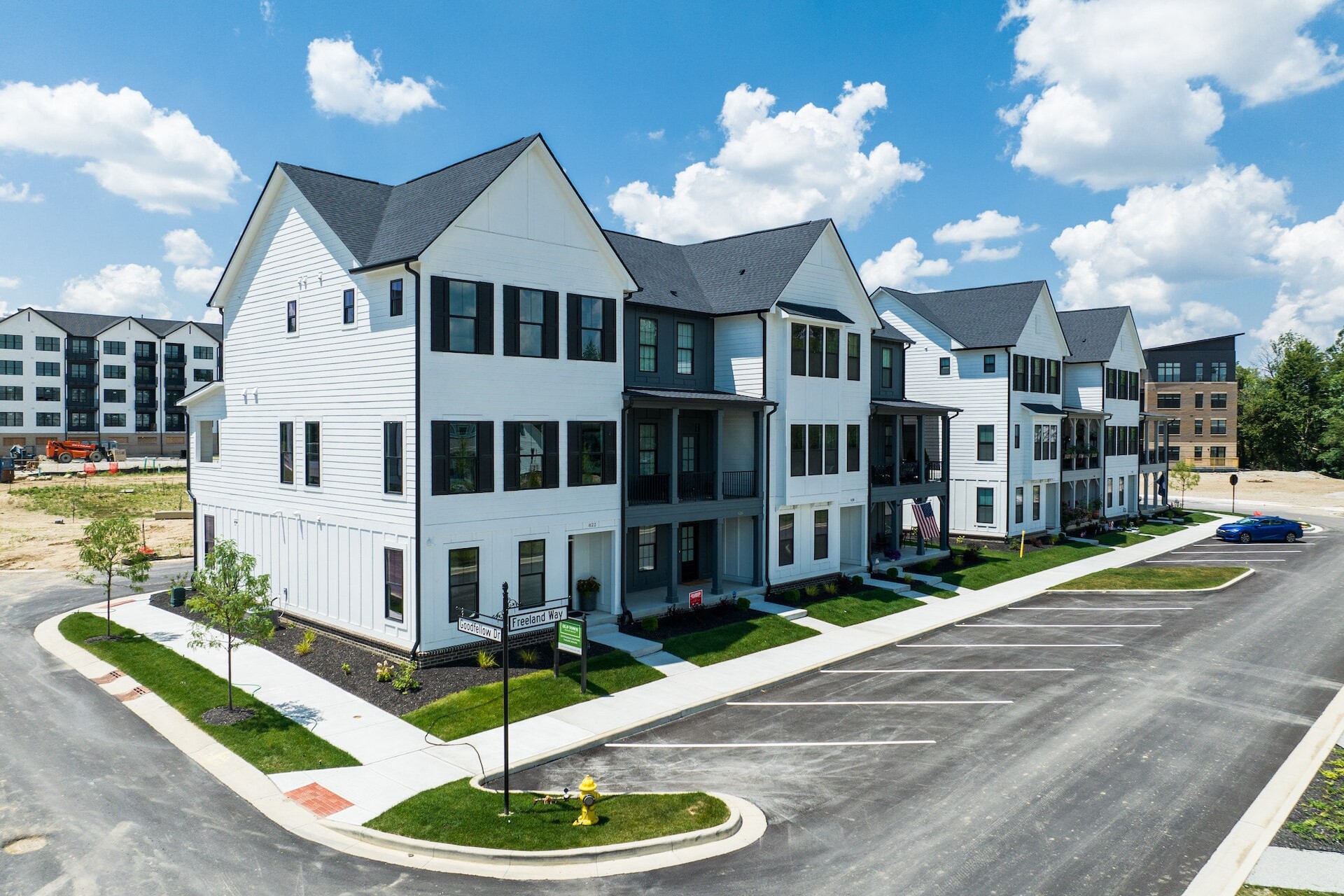 An aerial view of a row of apartment buildings in Carmel, Indiana.