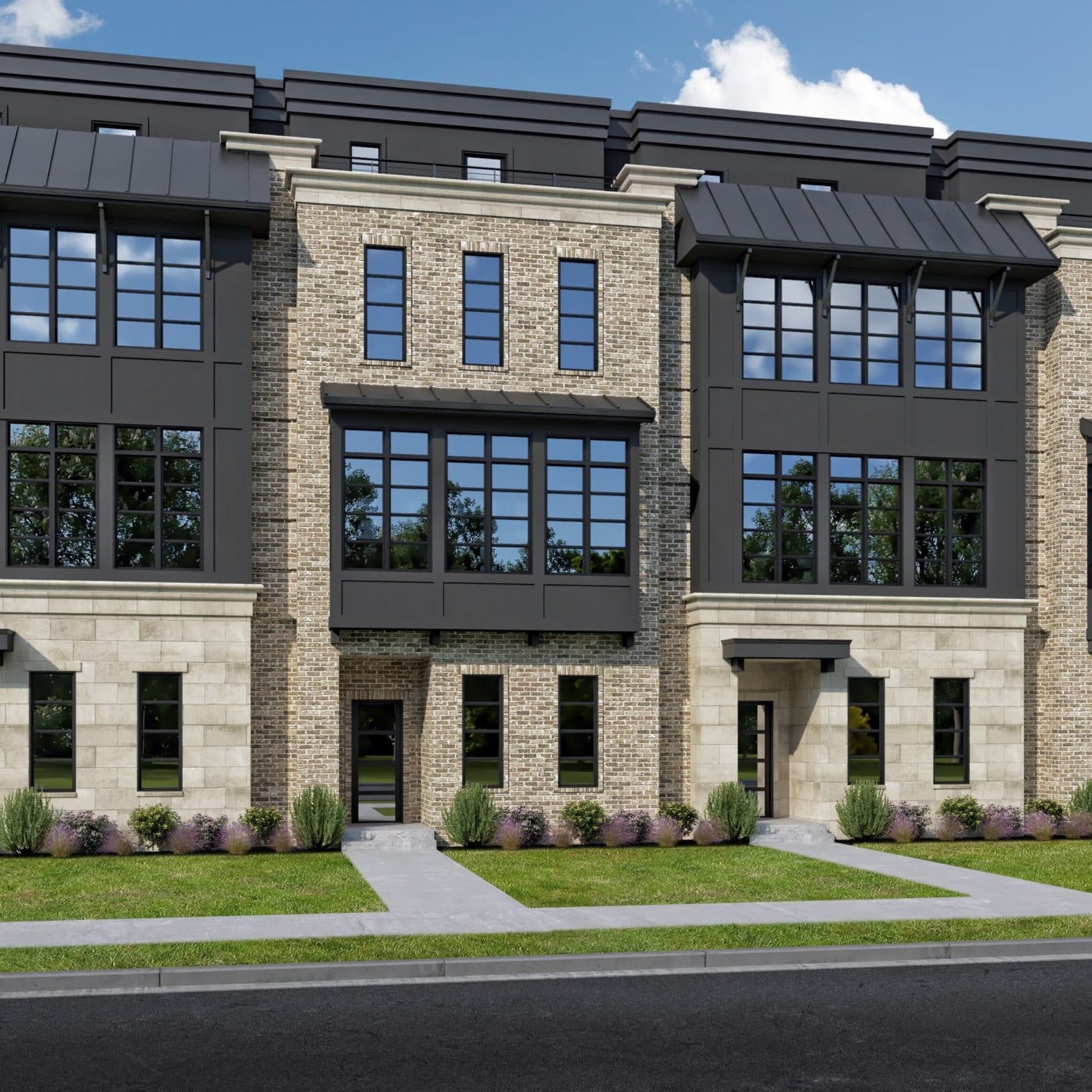 A rendering of a luxury three-story townhouse by a custom home builder in Carmel Indiana.