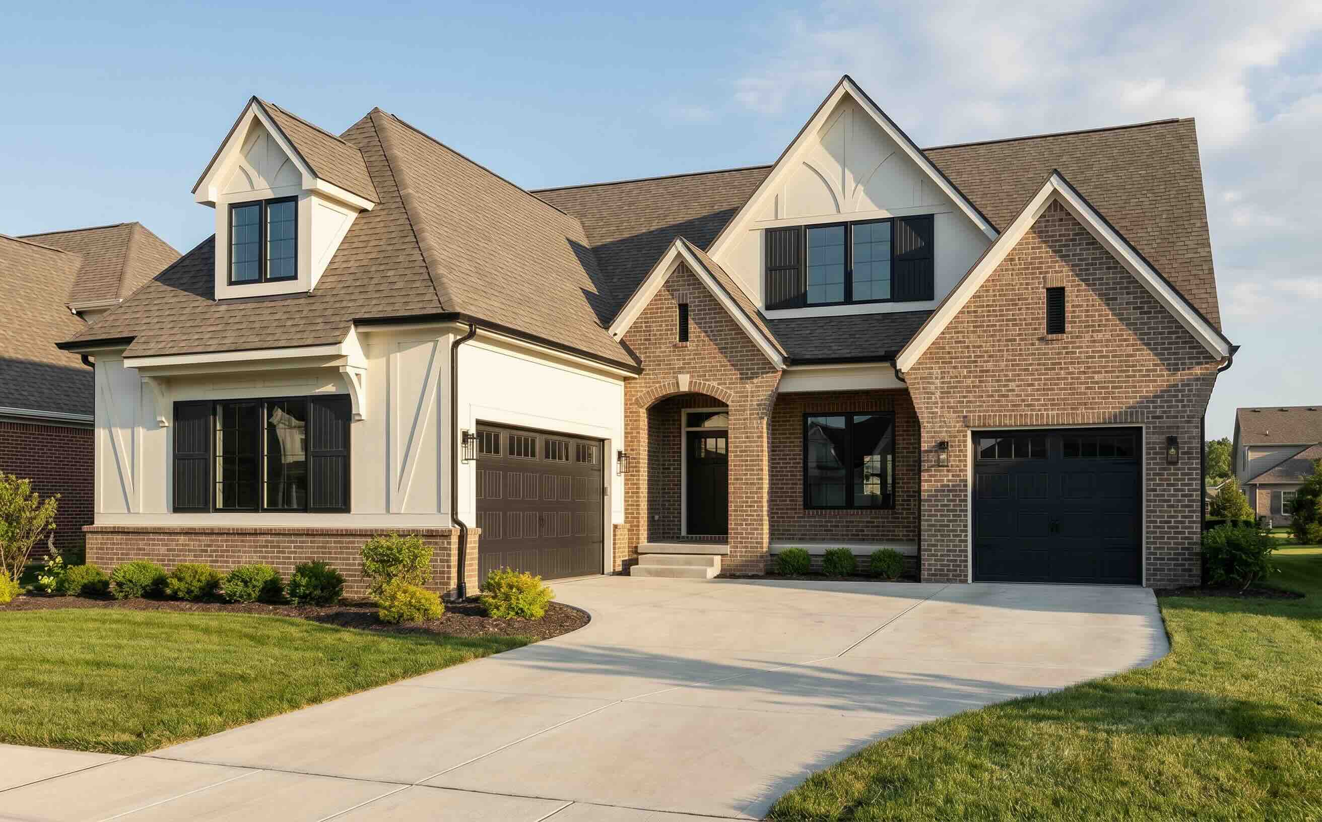 AI rendering of a brick and white home at Wood Wind Landing with steep gables, an arched entry and a three-car garage